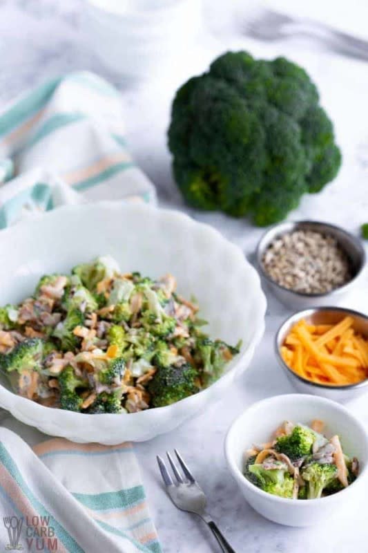 <p>Low Carb Yum</p><p>This simple bacon cheddar broccoli salad is great for a picnic or potluck. The creamy dressing is sweetened with all-natural stevia.</p><p><strong>Get the recipe:</strong><a href="https://lowcarbyum.com/bacon-cheddar-broccoli-salad/" rel="nofollow noopener" target="_blank" data-ylk="slk:Keto Broccoli Salad with Bacon and Cheese;elm:context_link;itc:0;sec:content-canvas" class="link rapid-noclick-resp"> <strong>Keto Broccoli Salad with Bacon and Cheese</strong></a></p>