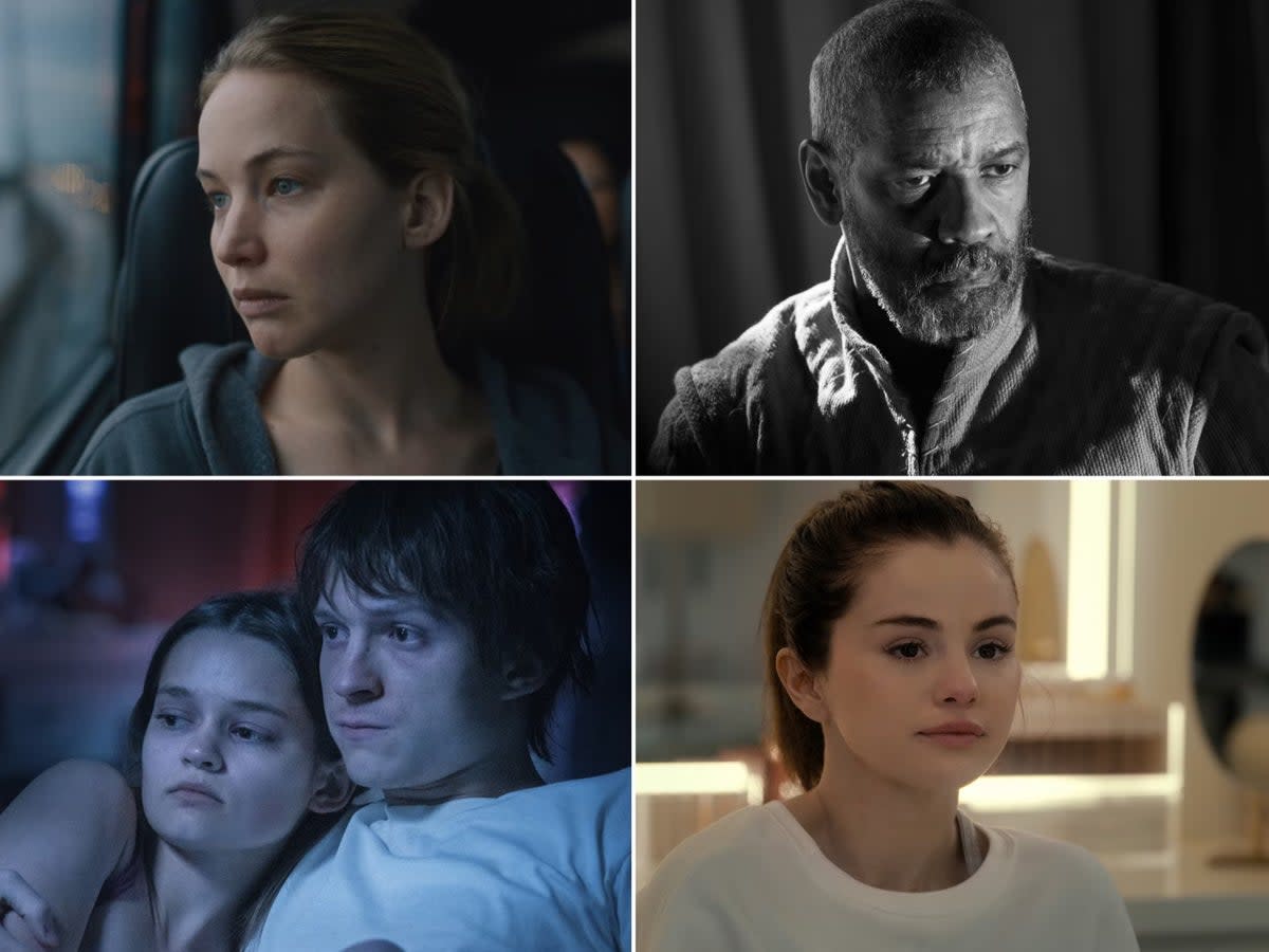 Clockwise from top right: Denzel Washington in ‘The Tragedy of Macbeth’, Selena Gomez in ‘Selena: My Mind & Me’, Tom Holland and Ciara Bravo in ‘Cherry’ and Jennifer Lawrence in ‘Causeway’  (Apple TV+)