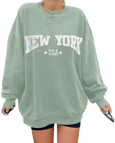 Micoson Womens New York Sweatshirt Loose Oversized Fashion Solid Color Crewneck Long Sleeve Casual Basic Pullover Tops Green L