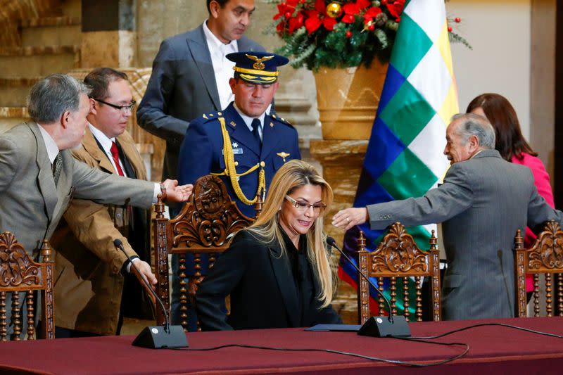 Bolivia's interim President Jeanine Anez holds a news conference at the presidential palace in La Paz