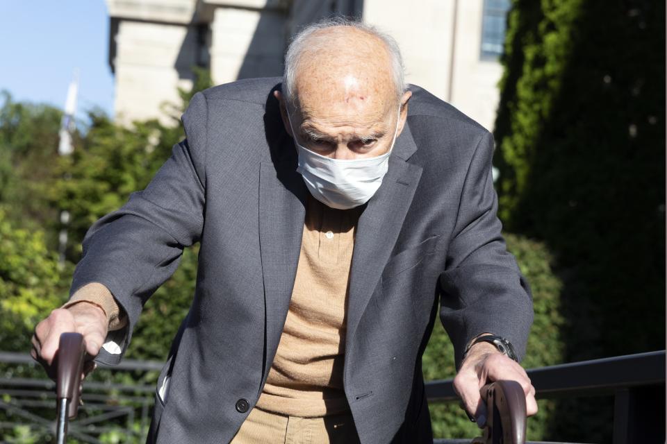 Former Cardinal Theodore McCarrick arrives at Dedham District Court, Friday, Sept. 3, 2021, in Dedham, Mass. McCarrick, the once-powerful American prelate who was expelled from the priesthood for sexual abuse, pleaded not guilty Friday to sexually assaulting a 16-year-old boy during a wedding reception in Massachusetts nearly 50 years ago. (AP Photo/Michael Dwyer)