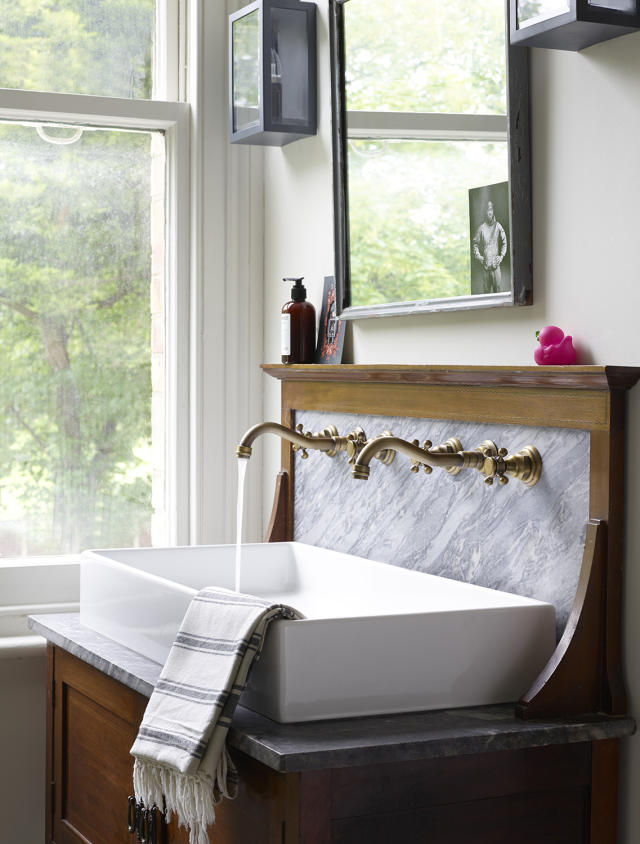 Sink area mini-makeover with brass towel bar under the sink - Jennifer Rizzo