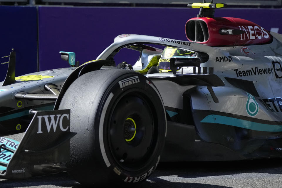 Mercedes driver Lewis Hamilton of Britain steers his car during the Azerbaijan Formula One Grand Prix at the Baku circuit, in Baku, Azerbaijan, Sunday, June 12, 2022. (AP Photo/Sergei Grits)