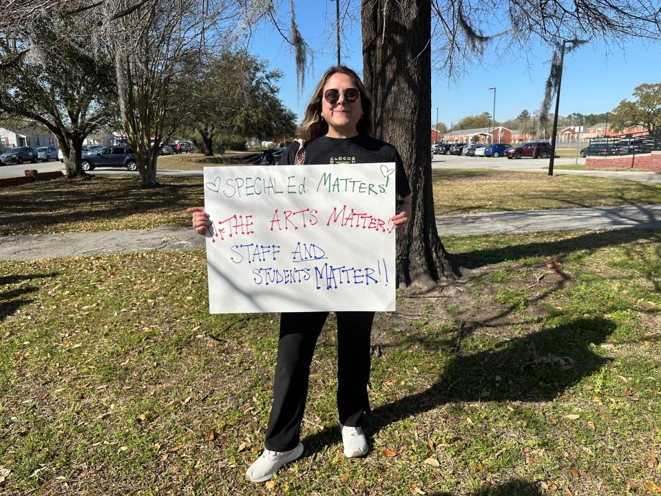 A New Hanover County Schools teacher attends the Invest in New Hanover County Students Rally. Her sign reads, "Special Ed matters! The arts matter! Staff and students matter!!"