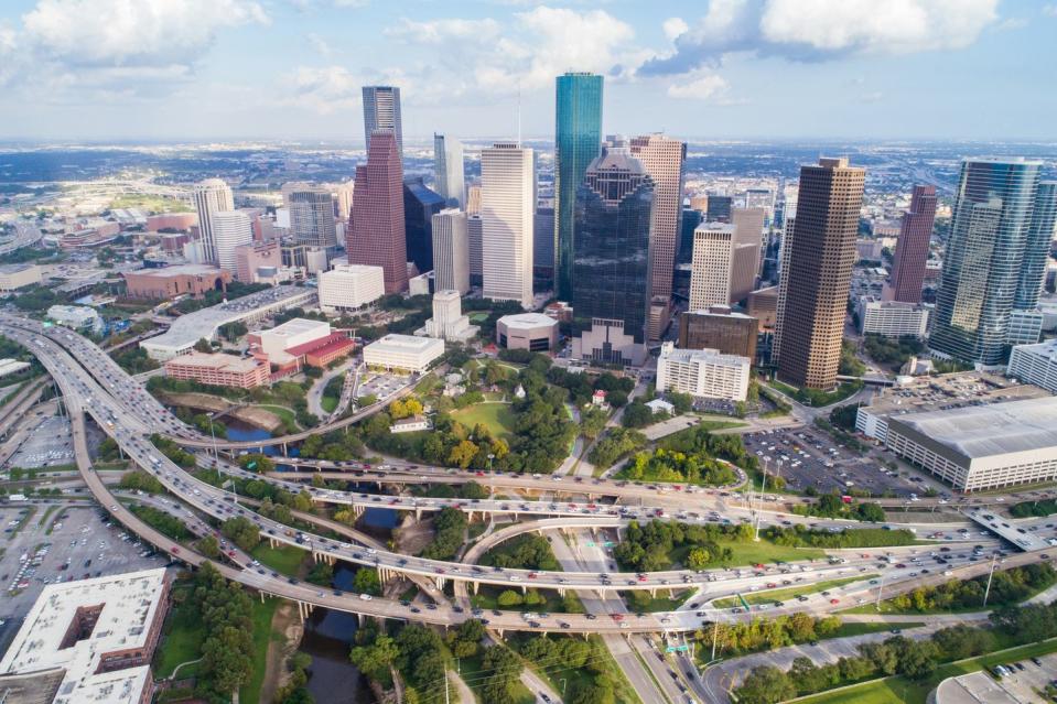 aerial view of skyline downtown houston building city, at buffalo bayou park, houston, texas