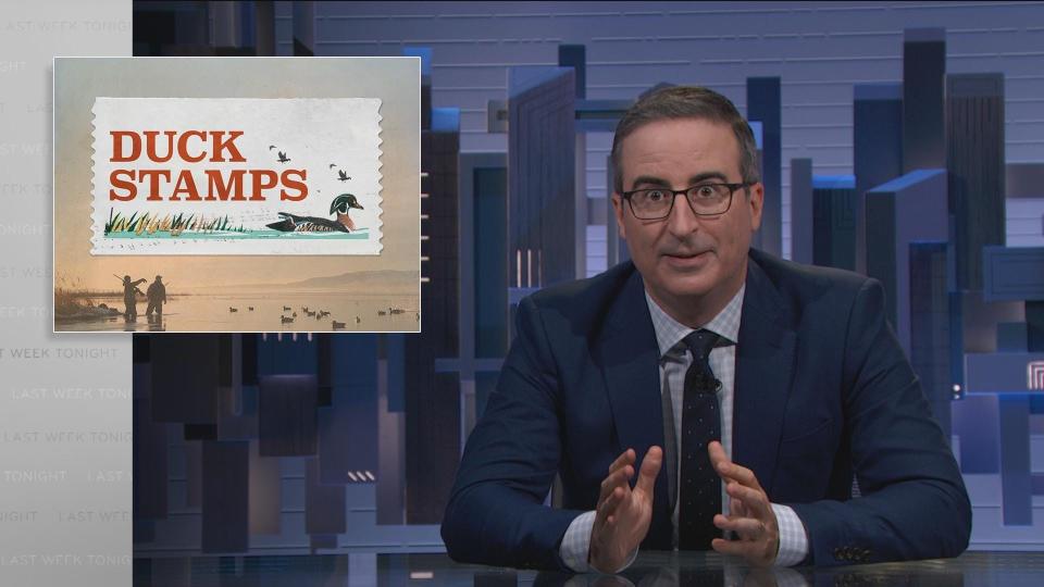 John Oliver lightens the deep dives into serious topics on HBO's "Last Week Tonight" with comedy bits like his attraction to actor Adam Driver or a duck-stamp contest.