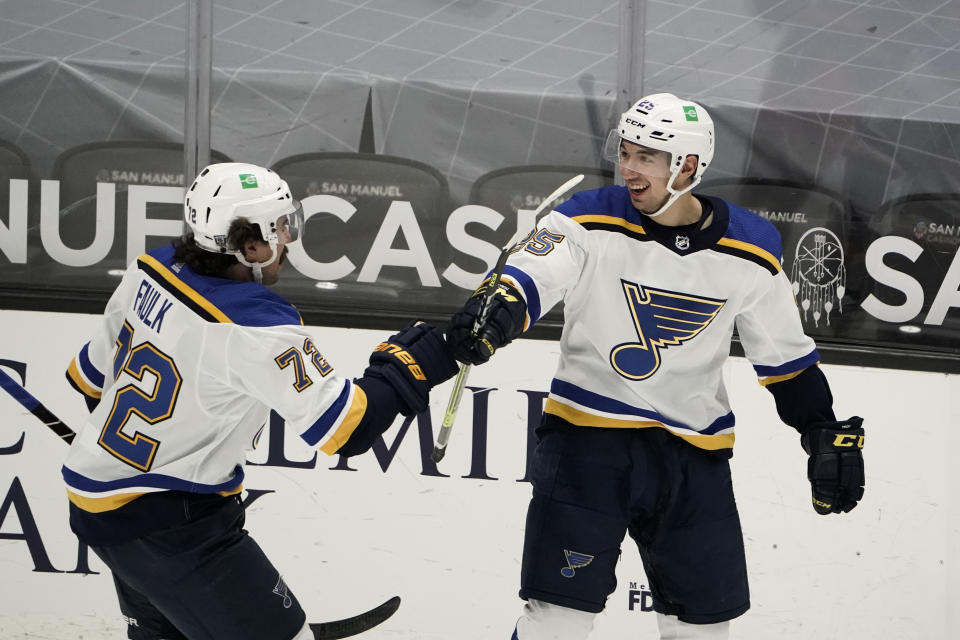 St. Louis Blues' Jordan Kyrou, right, celebrates his second goal of an NHL hockey game with Justin Faulk during the first period against the Anaheim Ducks, Saturday, Jan. 30, 2021, in Anaheim, Calif. (AP Photo/Jae C. Hong)