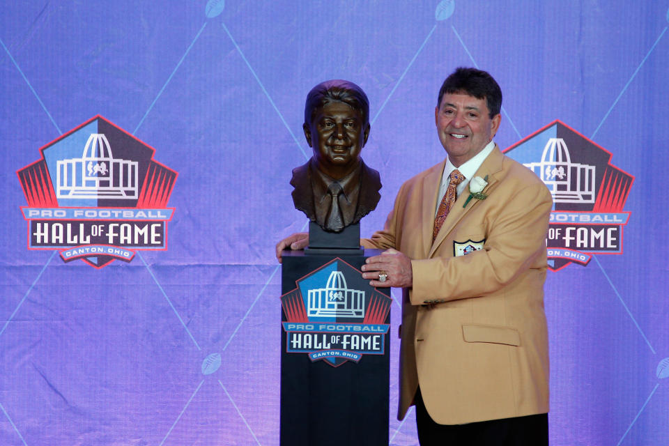 CANTON, OH - AUGUST 06:  Edward DeBartolo, Jr., former San Francisco 49ers Owner, poses with his bronze bust during the NFL Hall of Fame Enshrinement Ceremony at the Tom Benson Hall of Fame Stadium on August 6, 2016 in Canton, Ohio.  (Photo by Joe Robbins/Getty Images)