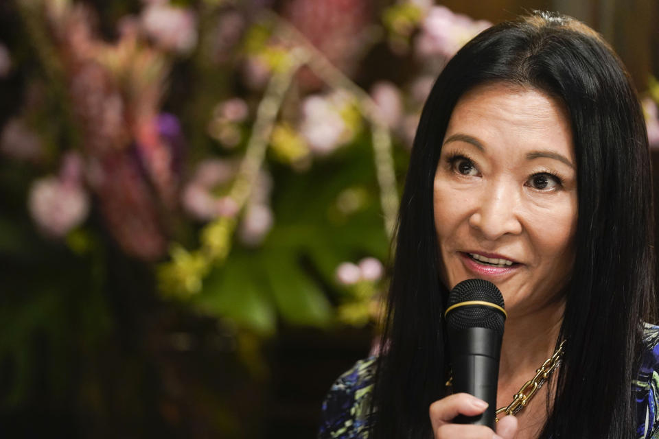 Producer Kumiko Yoshii speaks at a news conference in New York, Wednesday, April 27, 2022. Performers, Japanese officials, and other guests were promoting the first ever Japan Parade, celebrating Japanese culture and tradition, which will take place in New York on Saturday, May 14, 2022. (AP Photo/Seth Wenig)