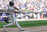 Milwaukee Brewers' Jahmai Jones hits a three-run scoring double during the seventh inning of a baseball game against the Chicago Cubs Monday, July 3, 2023, in Milwaukee. (AP Photo/Morry Gash)