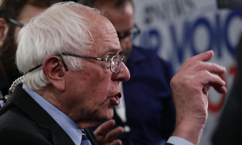 Sen. Bernie Sanders, I-Vt., talks to the media in the spin room following the Democratic presidential primary debate hosted by ABC on the campus of Texas Southern University Thursday, Sept. 12, 2019, in Houston. (AP Photo/Eric Gay)