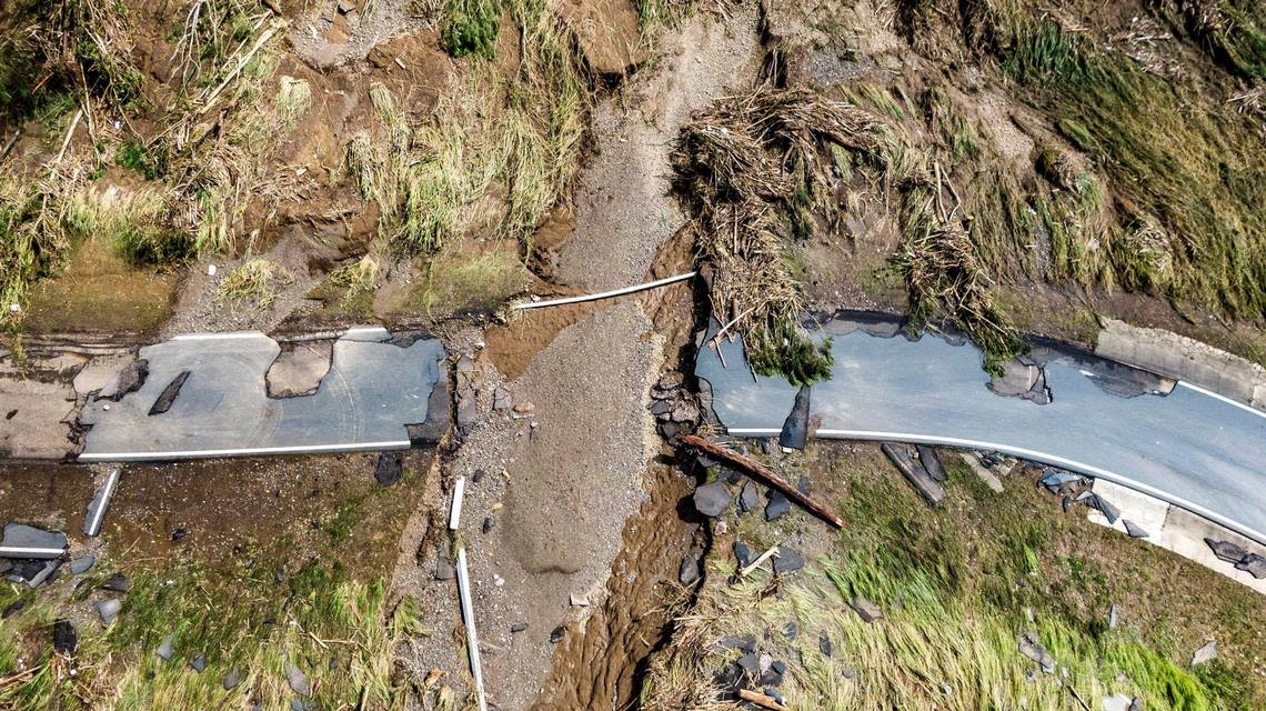 Hurricane damage to Road 824 over the Rio de La Plata river in Toa Alta on Tuesday, Sept. 20, 2022.