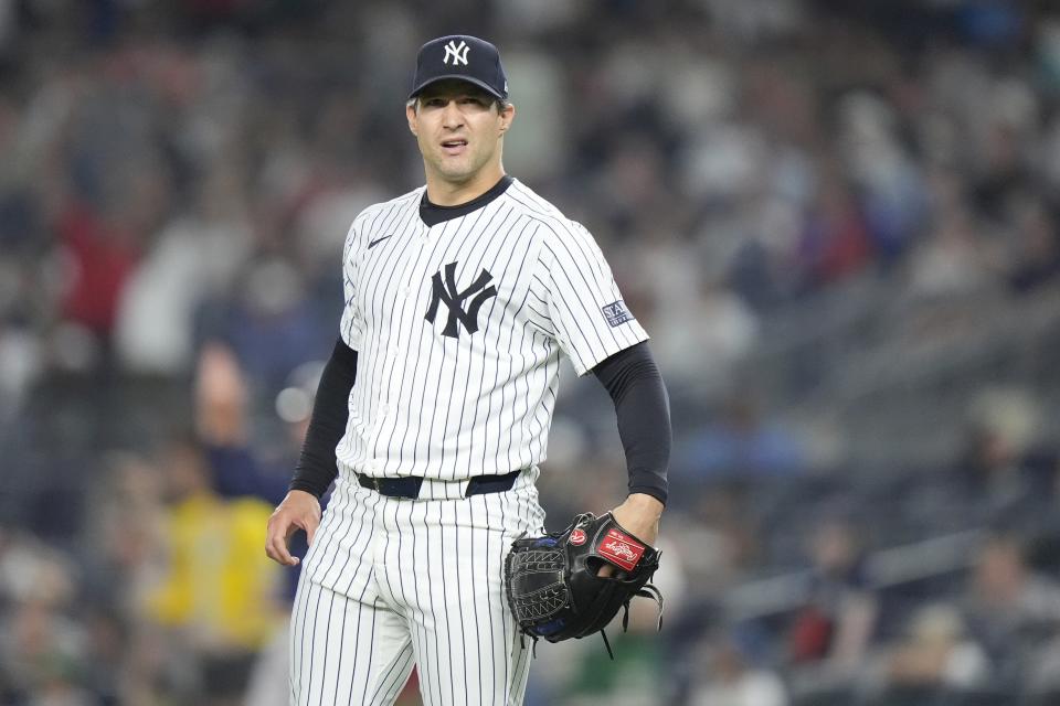 New York Yankees pitcher Tommy Kahnle reacts as Boston Red Sox's Ceddanne Rafaela runs the bases after hitting a two-run home run during the 10th inning of a baseball game, Friday, July 5, 2024, in New York. (AP Photo/Frank Franklin II)