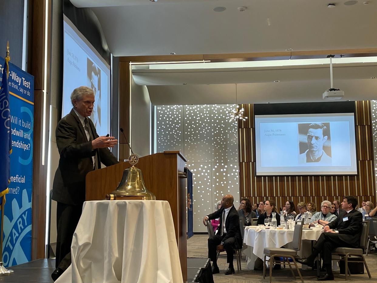 John Franke talks about his work as a prosecutor in the case against Frank Balistrieri and others during a Rotary Club of Milwaukee event at the War Memorial Center on February 27, 2024. A partner at Gass Turek Trial Attorneys, Franke has been serving as a Milwaukee County reserve judge.