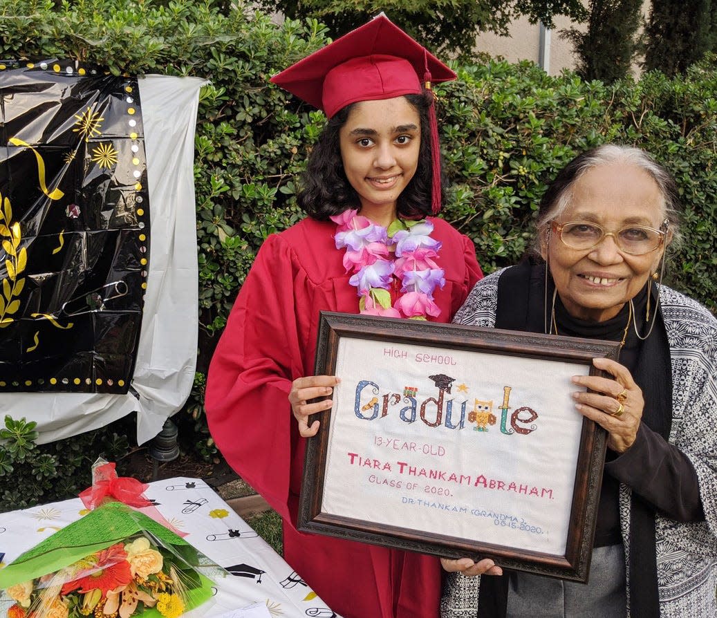 Tiara Abraham's grandmother Thankam Mathew needlepointed a special graduation work for Tiara's high school graduation. Tiara was 13.