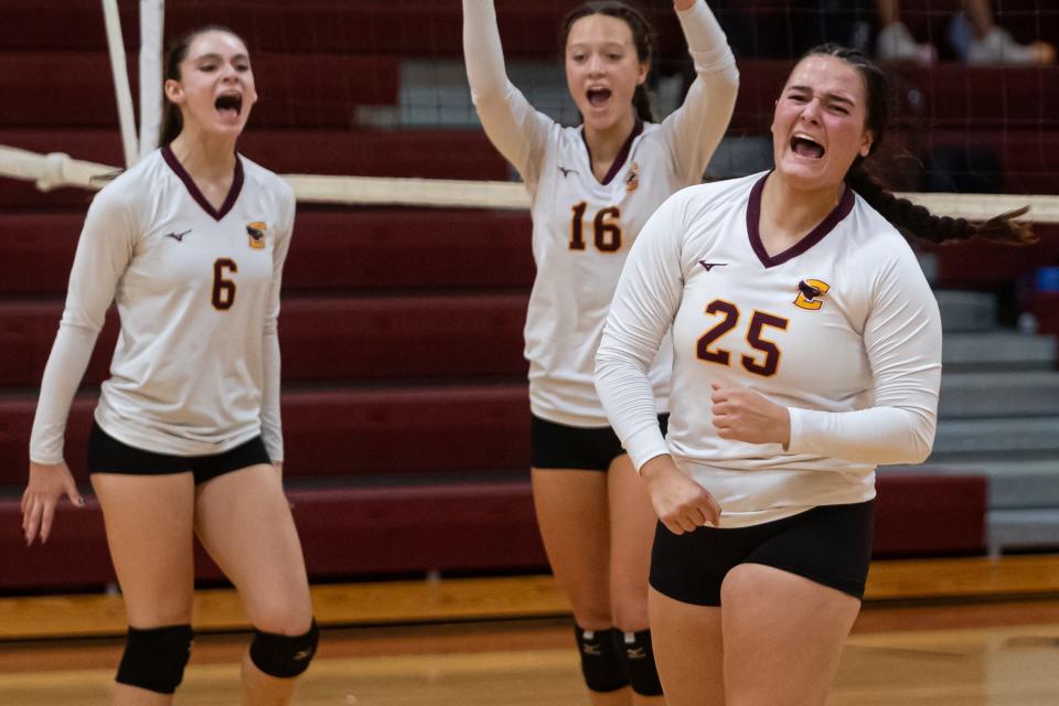 Case’s Olivia Silva, right, celebrates a point during Monday’s match with Seekonk.