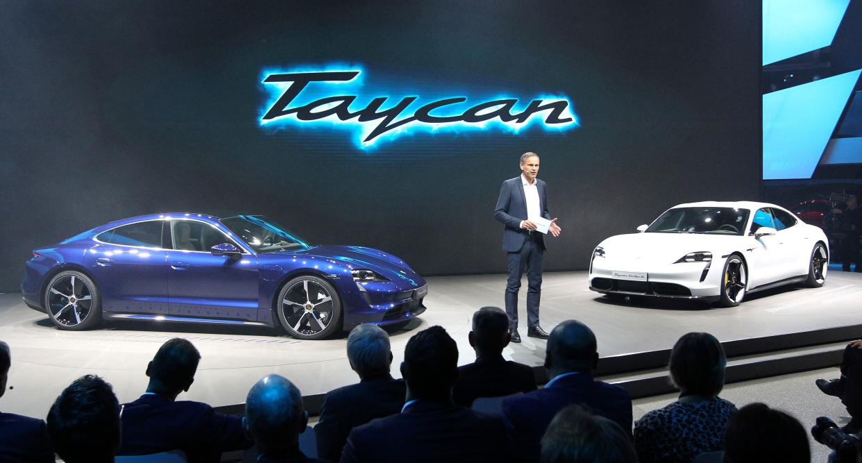 Oliver Blume, CEO of German car maker Porsche, is pictured during a media presentation of the new Porsche Taycan all-electic car at the company's booth on the fair grounds in Frankfurt am Main, western Germany, on September 10, 2019, where preparations are under way for the International Auto Show (IAA). - Frankfurt's biennial International Auto Show (IAA) opens its doors to the public on September 12, 2019, but major foreign carmakers are staying away while climate demonstrators march outside -- forming a microcosm of the under-pressure industry's woes. (Photo by Daniel ROLAND / AFP)        (Photo credit should read DANIEL ROLAND/AFP/Getty Images)