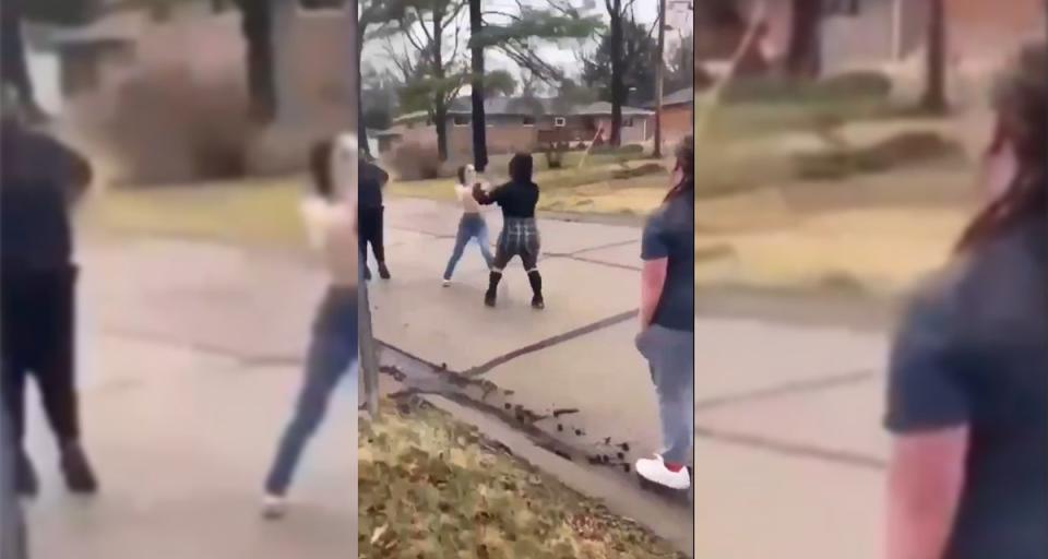 A viral video showed the moment a fight near a school in St Louis left a teenage girl with critical injuries (The Post Millennial/X)