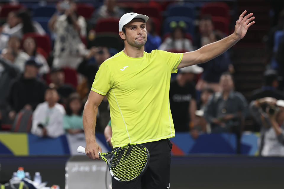 SHANGHAI, CHINA - OCTOBER 04: Aleksandar Vukic of Australia celebrates after the Men's singles 2nd Round match against Casper Ruud of Norway on Day 5 of 2024 Shanghai Rolex Masters at Qi Zhong Tennis Centre on October 04, 2024 in Shanghai, China. (Photo by Zhe Ji/Getty Images)