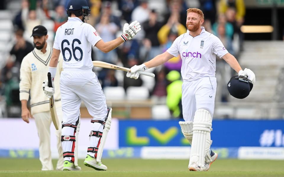 Jonny Bairstow of England celebrates victory with Joe Root during Day Five  - Getty Images