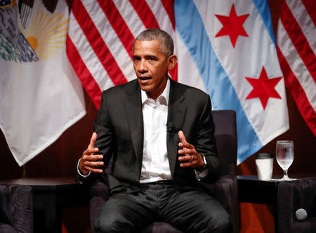 Former U.S. President Barack Obama speaks during a meeting with youth leaders at the Logan Center for the Arts at the University of Chicago to discuss strategies for community organization and civic engagement in Chicago, Illinois, U.S., April 24, 2017. REUTERS/Kamil Krzaczynski