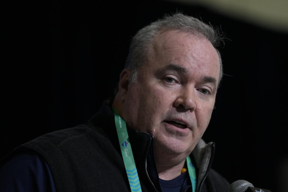 Dallas Cowboys head coach Mike McCarthy speaks during a press conference at the NFL football scouting combine in Indianapolis, Wednesday, March 1, 2023. (AP Photo/Michael Conroy)