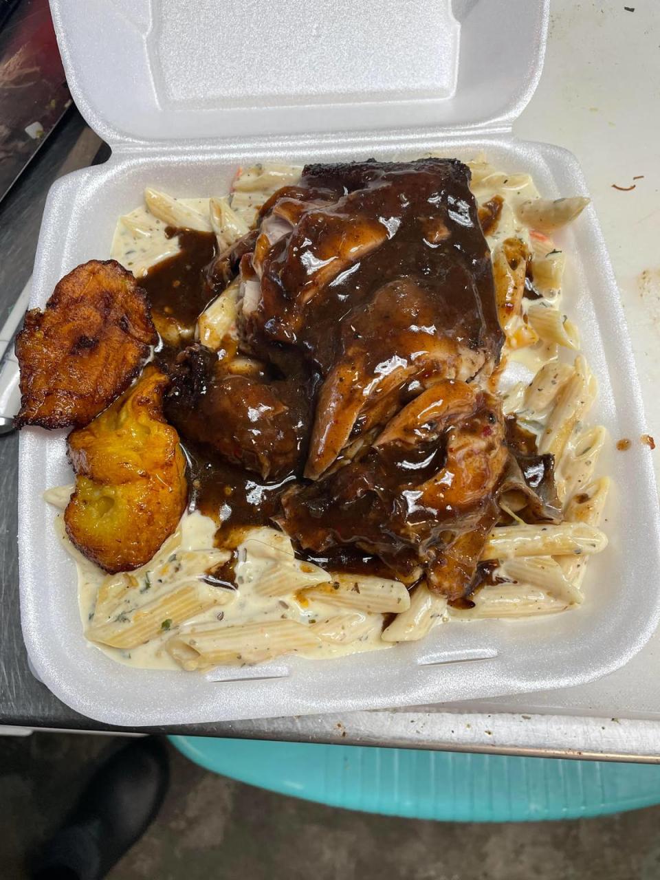 Jerk chicken with rasta pasta from Crooklyn New York Caribbean Cuisine in Macon.