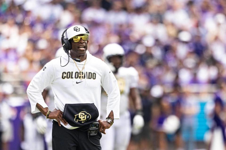 Colorado Head Coach Deion Sanders barks at the referees after calling a fumble in the second quarter during a college football game between the TCU Horned Frogs and the Colorado Buffaloes at Amon G. Carter Stadium in Fort Worth on Saturday, Sept. 2, 2023.