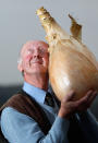 HARROGATE, ENGLAND - SEPTEMBER 16: Gardener Peter Glazebrook poses for photographers with his world record breaking onion at The Harrogate Autumn Flower Show on September 16, 2011 in Harrogate, England. Peter Glazebrook from Newark, Nottinghamshire claimed a Guinness World Record with his giant onion weighing 8.150kg. (Photo by Christopher Furlong/Getty Images)