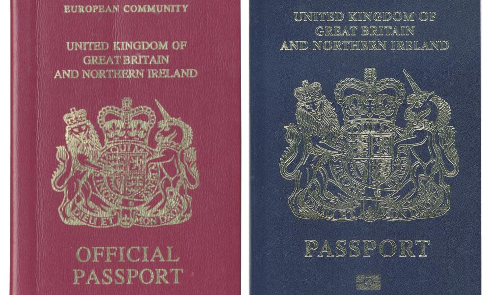 Burgundy and blue United Kingdom passports