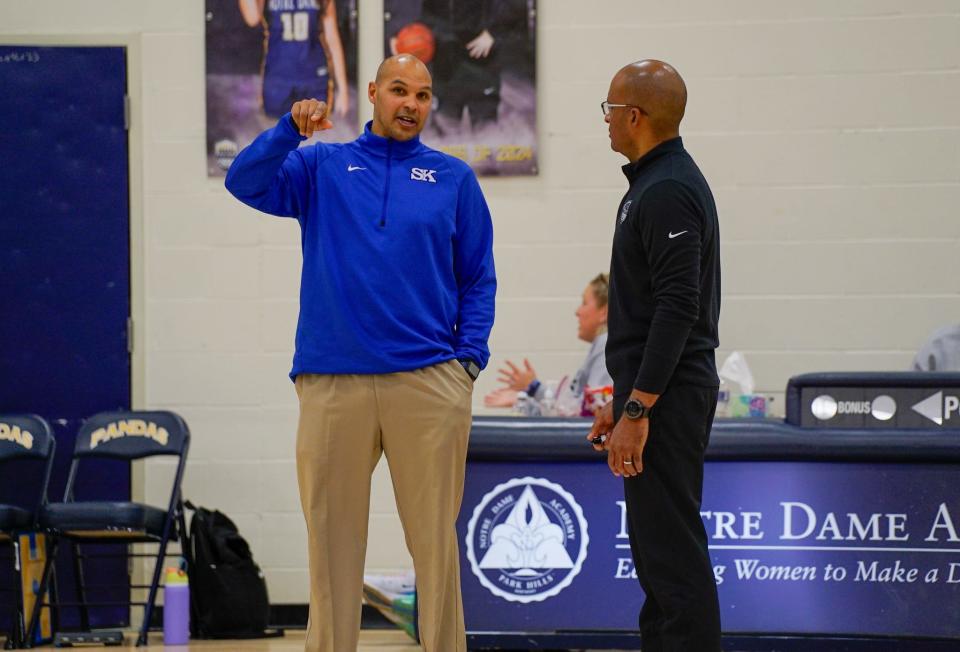 Simon Kenton head coach Brenden Stowers (left) was an assistant for the Lady Pioneers for 13 years, in addition to stints at Northern Kentucky University, Thomas More and Xavier.