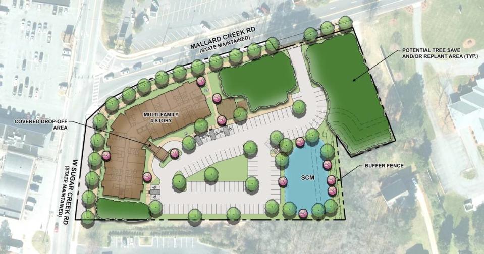 A preliminary site design from South Carolina-based NHE Inc. shows a plan to build a four-story apartment complex on the Puckett’s Farm site in the Derita neighborhood.