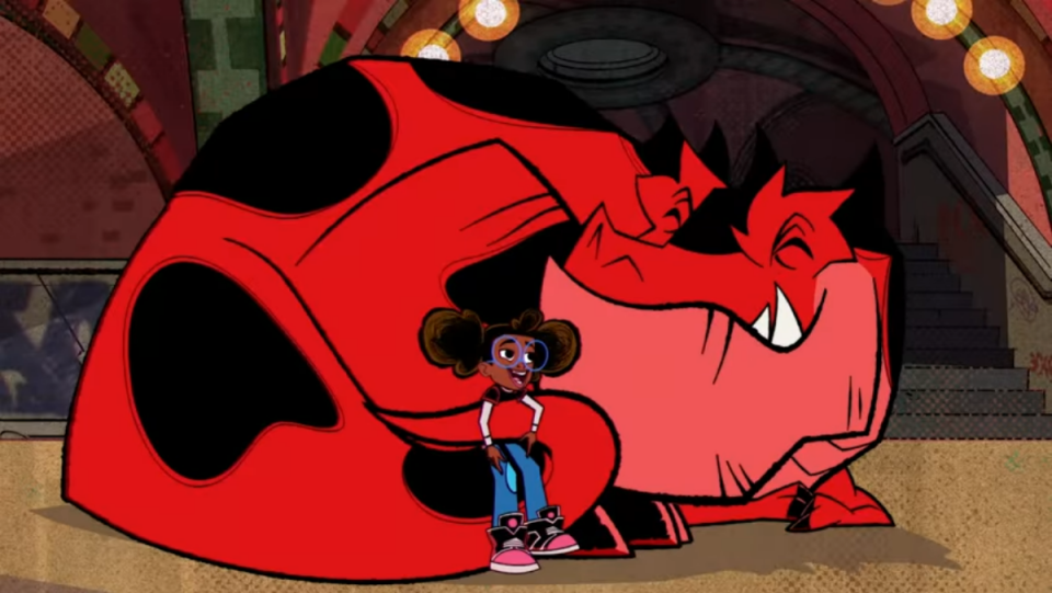 moon girl and devil dinosaur embracing each other in trailer
