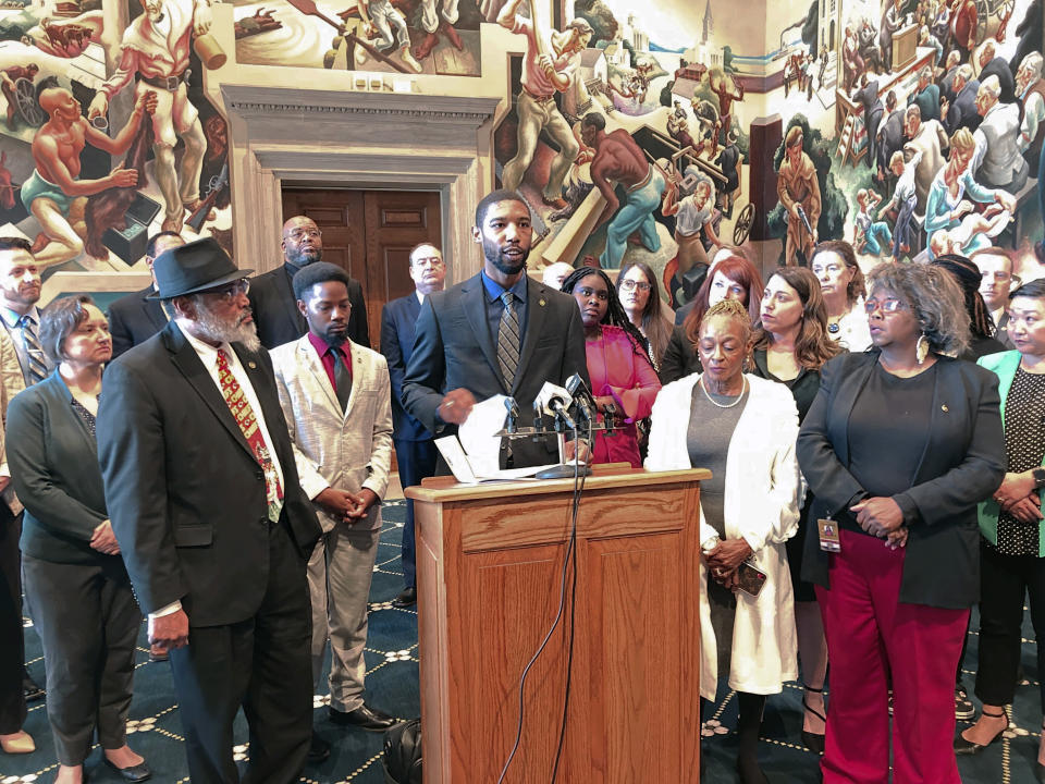 Missouri state Rep. Kevin Windham speaks to reporters during a press conference Thursday, Feb. 9, 2023, in the House Lounge of the state Capitol in Jefferson City, Mo. Missouri Legislative Black Caucus members accused the state's House Republican leaders of racism for cutting off a House floor speech by Windham and halting debate on crime legislation that passed Thursday. (AP Photo/David A. Lieb)