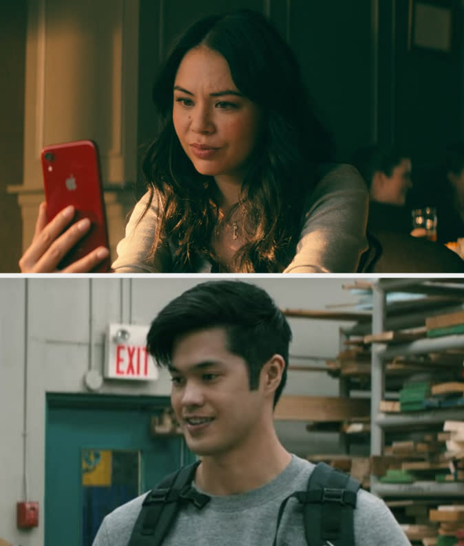 her character on the phone and his wearing a backpack in a different scene