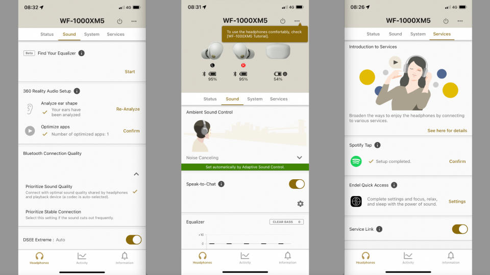 Sony Headphones Connect app three screens on gray background
