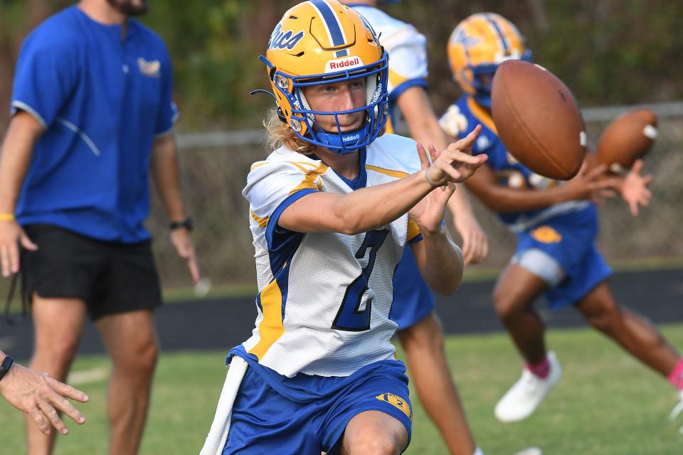 Laney runs through football practice drills Monday July 31, 2023 in Wilmington, N.C. High School football started Monday with coaches and players hitting the practice fields across the area. (KEN BLEVINS/STARNEWS)