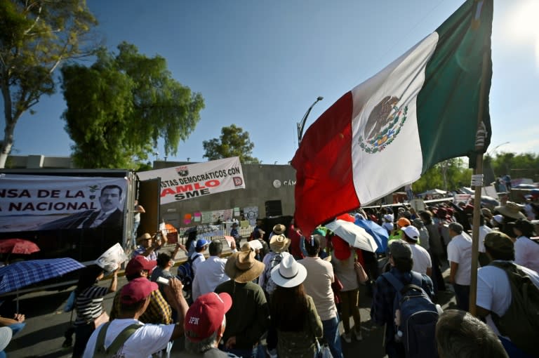 Manifestation en faveur du projet de réforme constitutionnelle renforçant le rôle du secteur public dans la production d'électricité, devant la Chambre des députés, à Mexico le 17 avril 2022 (AFP/Alfredo ESTRELLA)