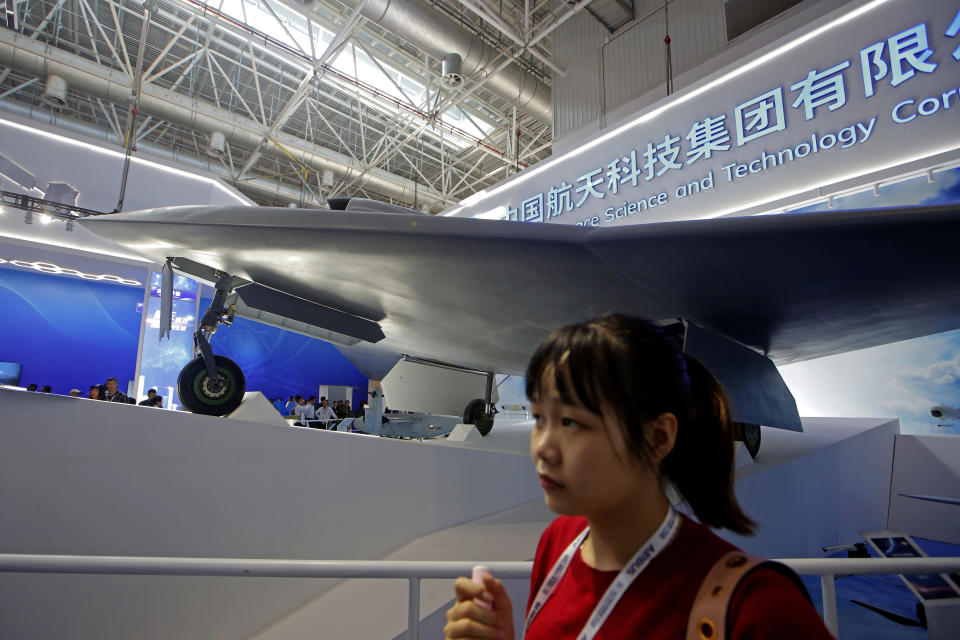 In this Tuesday, Nov. 6, 2018, file photo, China new-generation stealth unmanned combat aircraft prototype, the CH-7, is displayed during the 12th China International Aviation and Aerospace Exhibition, also known as Airshow China 2018, in Zhuhai city, south China's Guangdong province. (AP Photo/Kin Cheung, File)