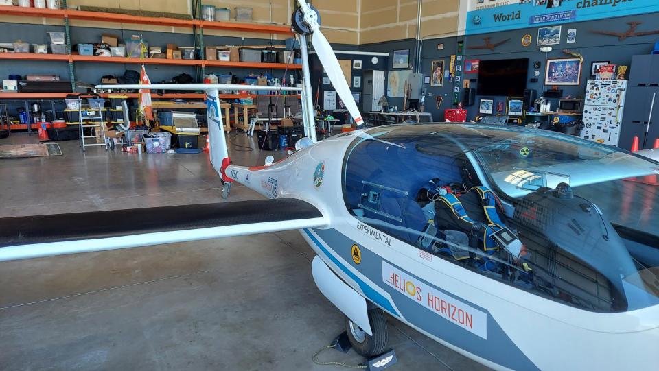 The Helios Horizon electric airplane in the hangar at Minden-Tahoe Airport. Sarasota-based test pilot and engineer Miguel Iturmendi captured two world records in June 2, when he piloted the Helios Horizon above the Sierra Nevada Mountain range near Lake Tahoe, Nevada.