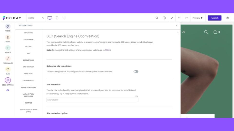 Friday website builder SEO options