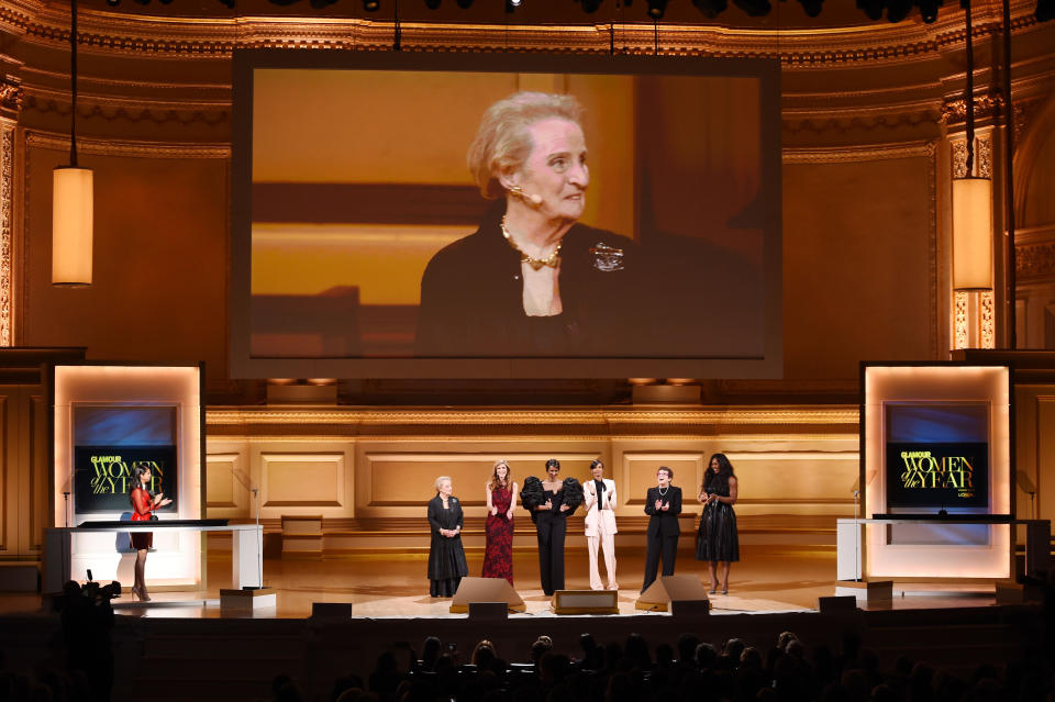 NEW YORK, NY - NOVEMBER 09:  (L-R): Selena Gomez, Former United States Secretary of State Madeleine Albright, Ambassador to the United Nations Samantha Power, Model Iman, Model Liya Kebede, Former professional tennis player Billie Jean King, and Professional tennis player Serena Williams speak onstage at the 2015 Glamour Women of the Year Awards on November 9, 2015 in New York City.  (Photo by Larry Busacca/Getty Images for Glamour)
