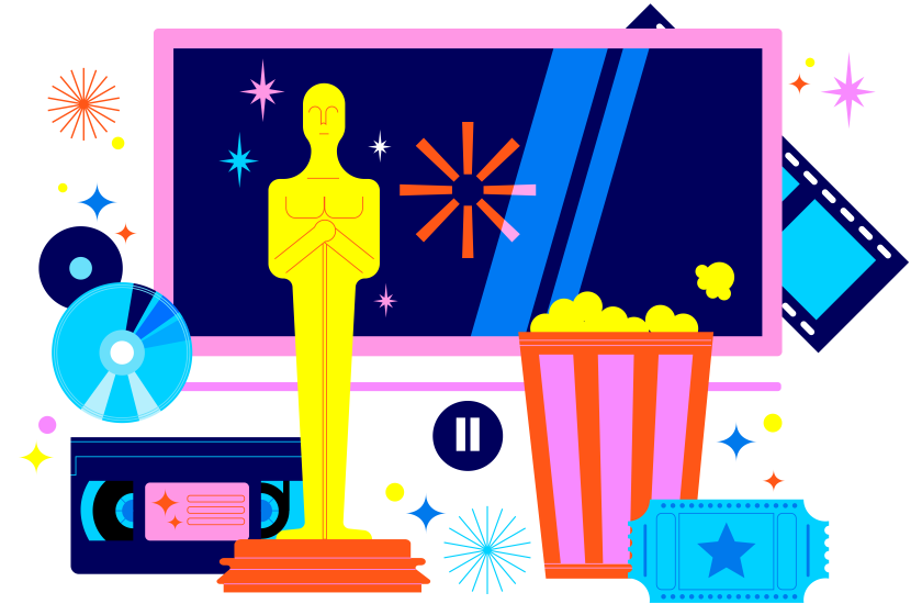 Illustration showing Oscars statuette, popcorn bucket, movie ticket, Blu-ray DVDs and VHS tape