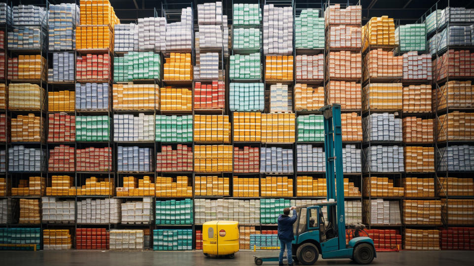 Large stacks of food containers in a warehouse with workers in the foreground.