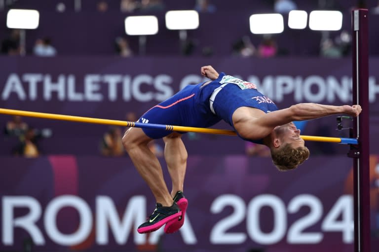 Le décathlonien Kevin Mayer au saut en hauteur lors des Championnats d'Europe d'athlétisme, le 10 juin 2024 à Rome (Anne-Christine POUJOULAT)