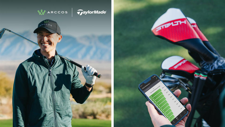   Golfer holding club over his shoulder and a phone using Arccos 