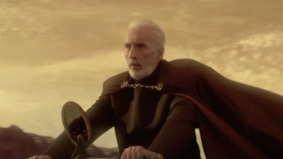 Count Dooku riding speeder bike on Geonosis in Attack of the Clones