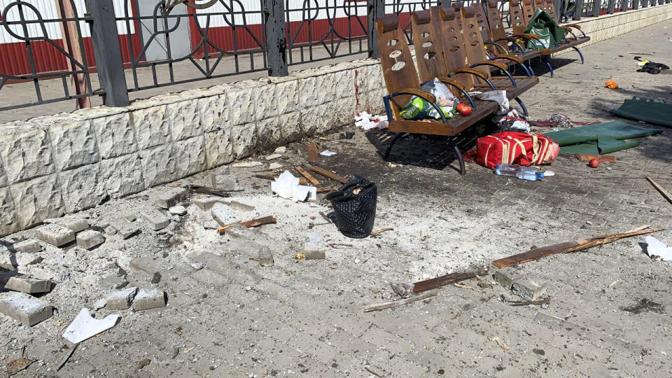 This general view shows personal belongings of victims and damage to a platform after a rocket attack on the railway station in the eastern city of Kramatorsk, in the Donbass region on April 8, 2022. - More than 30 people were killed and over 100 injured in a rocket attack on a train station in Kramatorsk in eastern Ukraine, the head of the national railway company said. (Photo by Hervé BAR / AFP) (Photo by HERVE BAR/AFP via Getty Images)