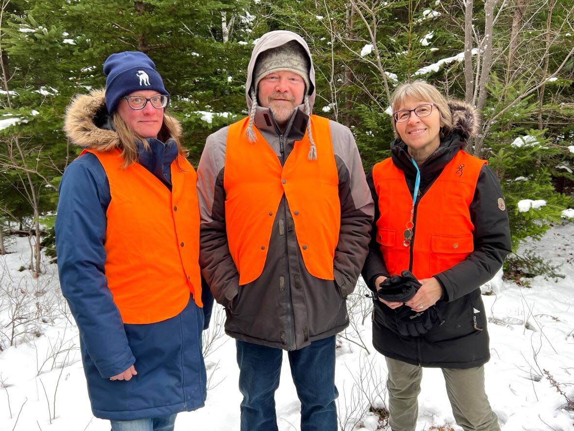 Laura Bright, Rob Bright and Lisa Proulx stand in an area of old-growth forest in Annapolis County, N.S., they want to see protected. (Paul Palmeter/CBC - image credit)