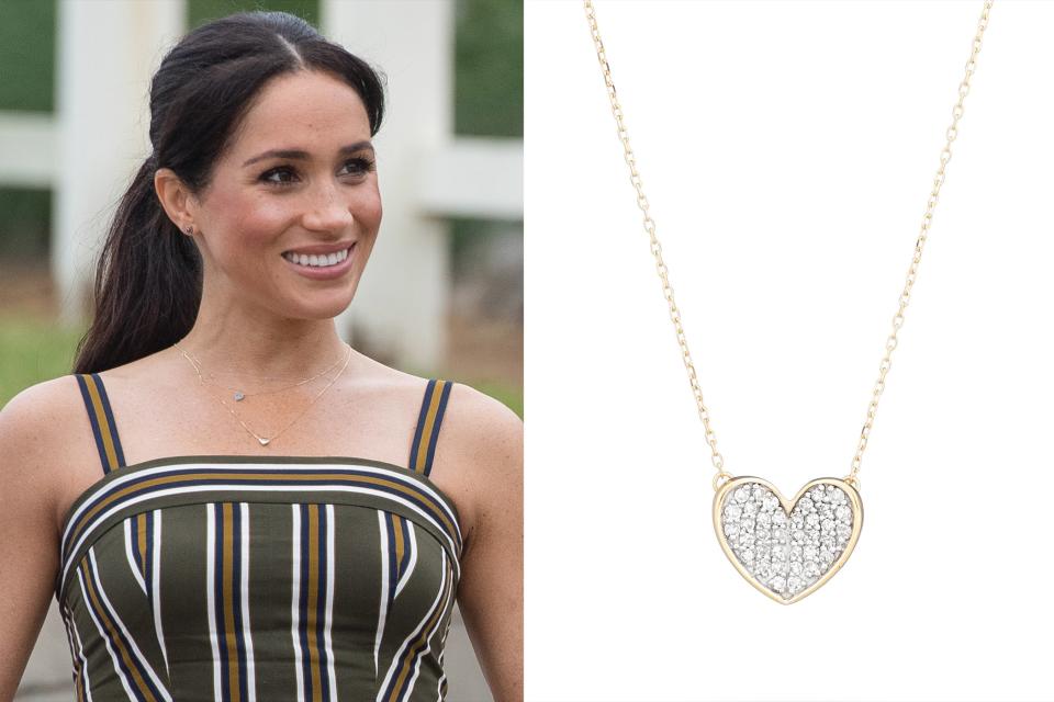 Markle also stepped out in Reyter's <a href="https://adinareyter.com/products/pave-folded-heart-necklace?_pos=3&_sid=1dd423707&_ss=r" rel="nofollow noopener" target="_blank" data-ylk="slk:Pave Folded Heart Necklace;elm:context_link;itc:0;sec:content-canvas" class="link ">Pave Folded Heart Necklace</a> (others who have selected the piece include Jenna Fisher and Candace Cameron Bure).